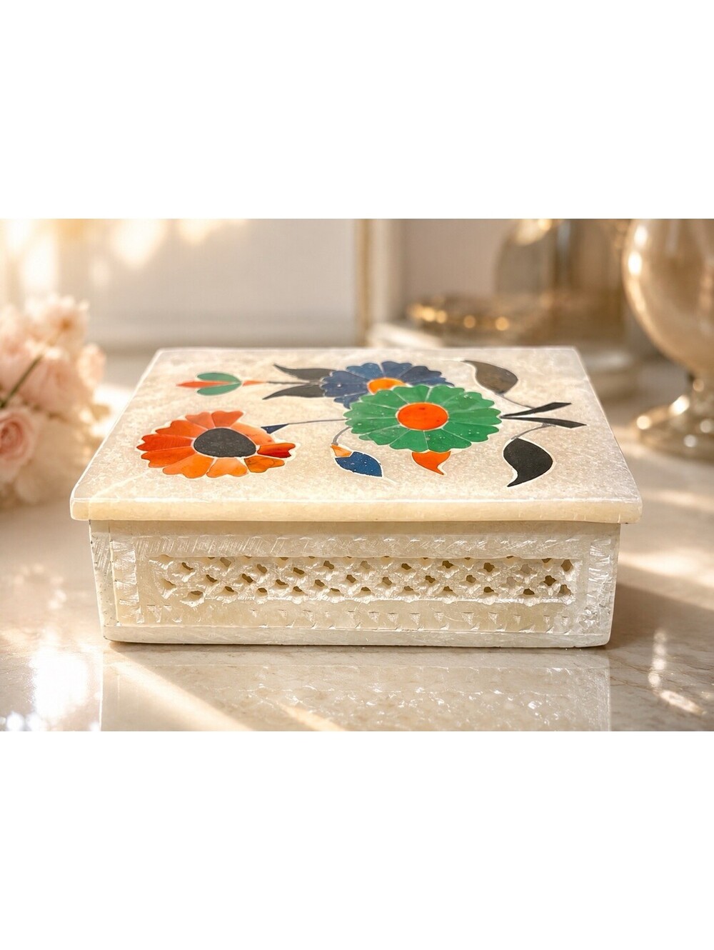 Indian 1970s Marble Pietra Dura Floral Jewelry Box Jali Carved, 4.5x3.5x1.5”